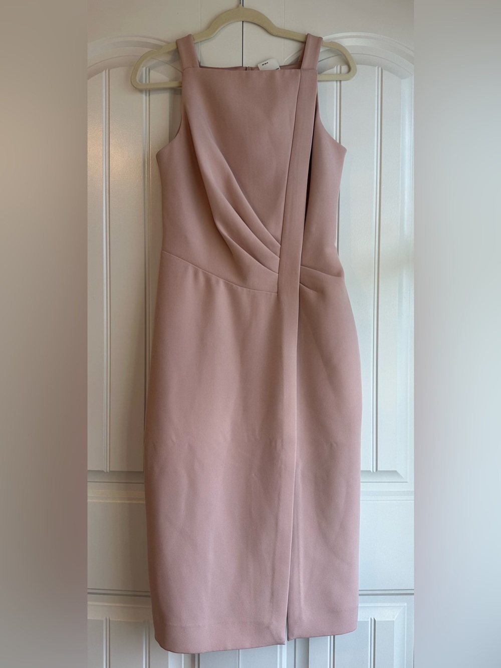 KEEPSAKE The Label Med Romantic Blush Pink Draped Square Neck Midi Sheath Dress